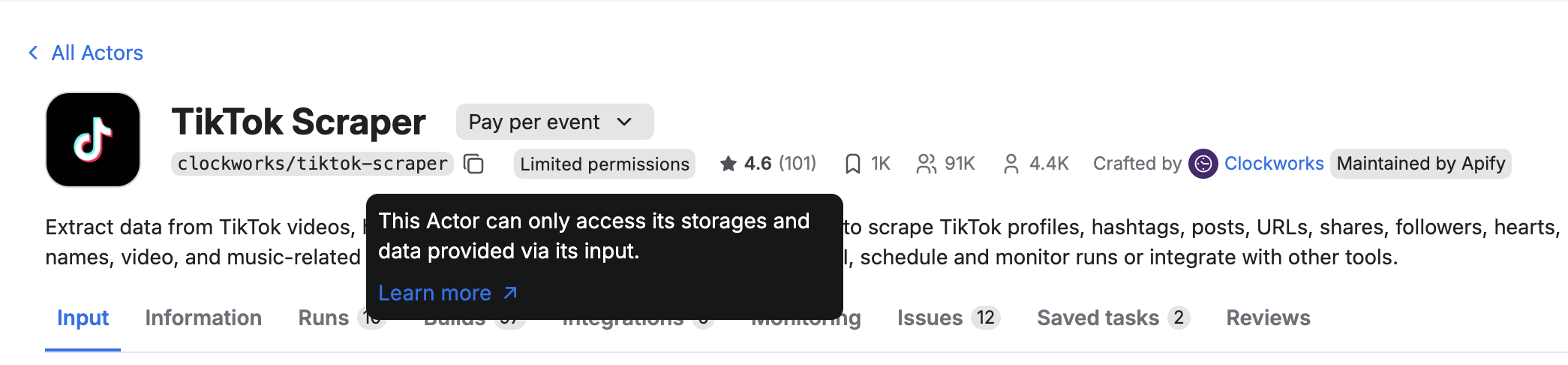 Limited-permissions badge shown on Actor detail page