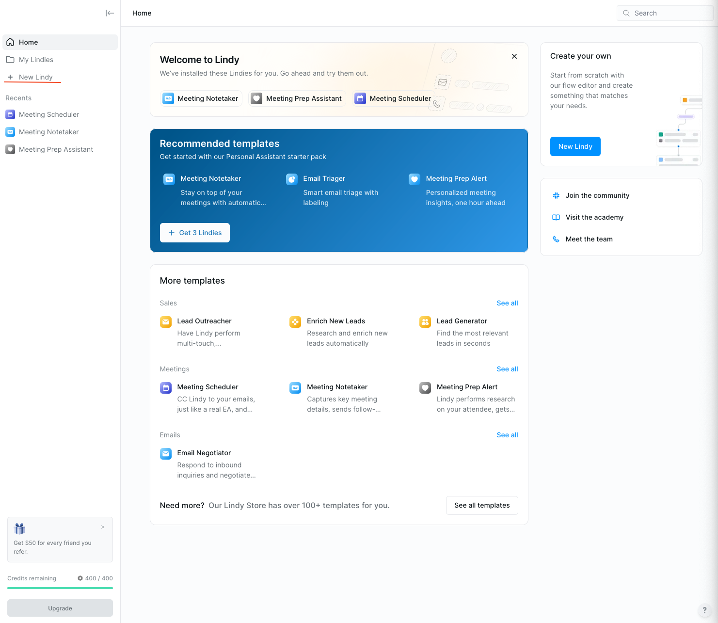 Lindy dashboard with new Lindy button highlighted