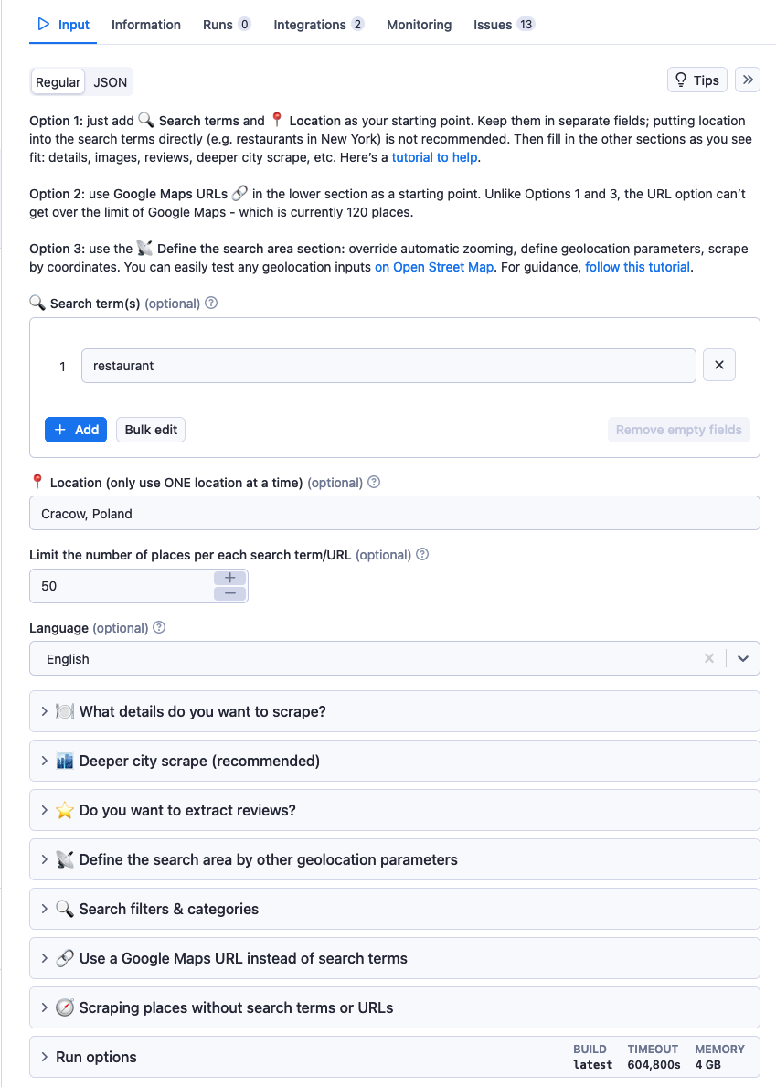 Apify task configuration